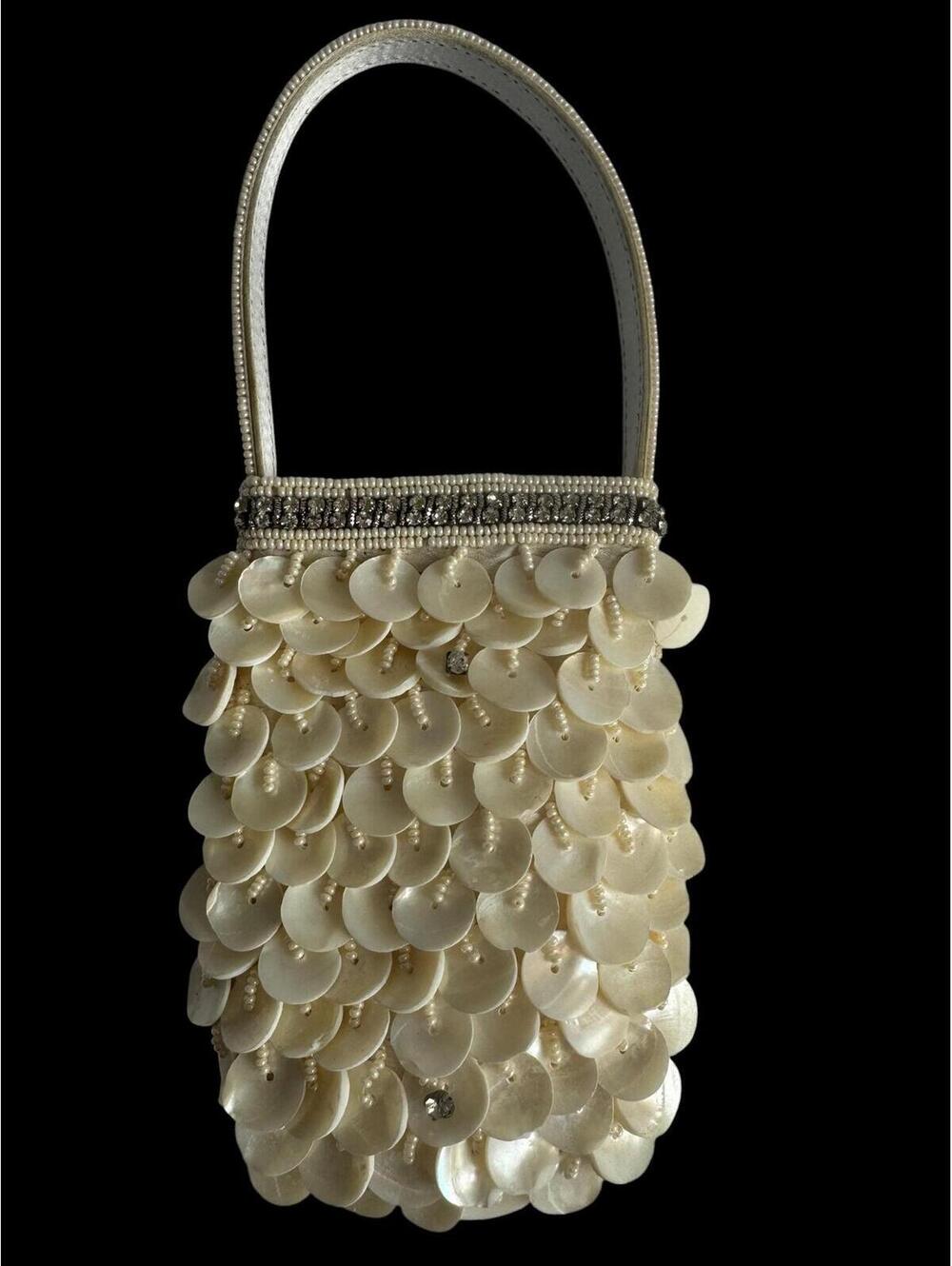 Vintage Faux Pearl & Faux Capiz Purse. Evening /Coastal / Bridal / Boho / Glam